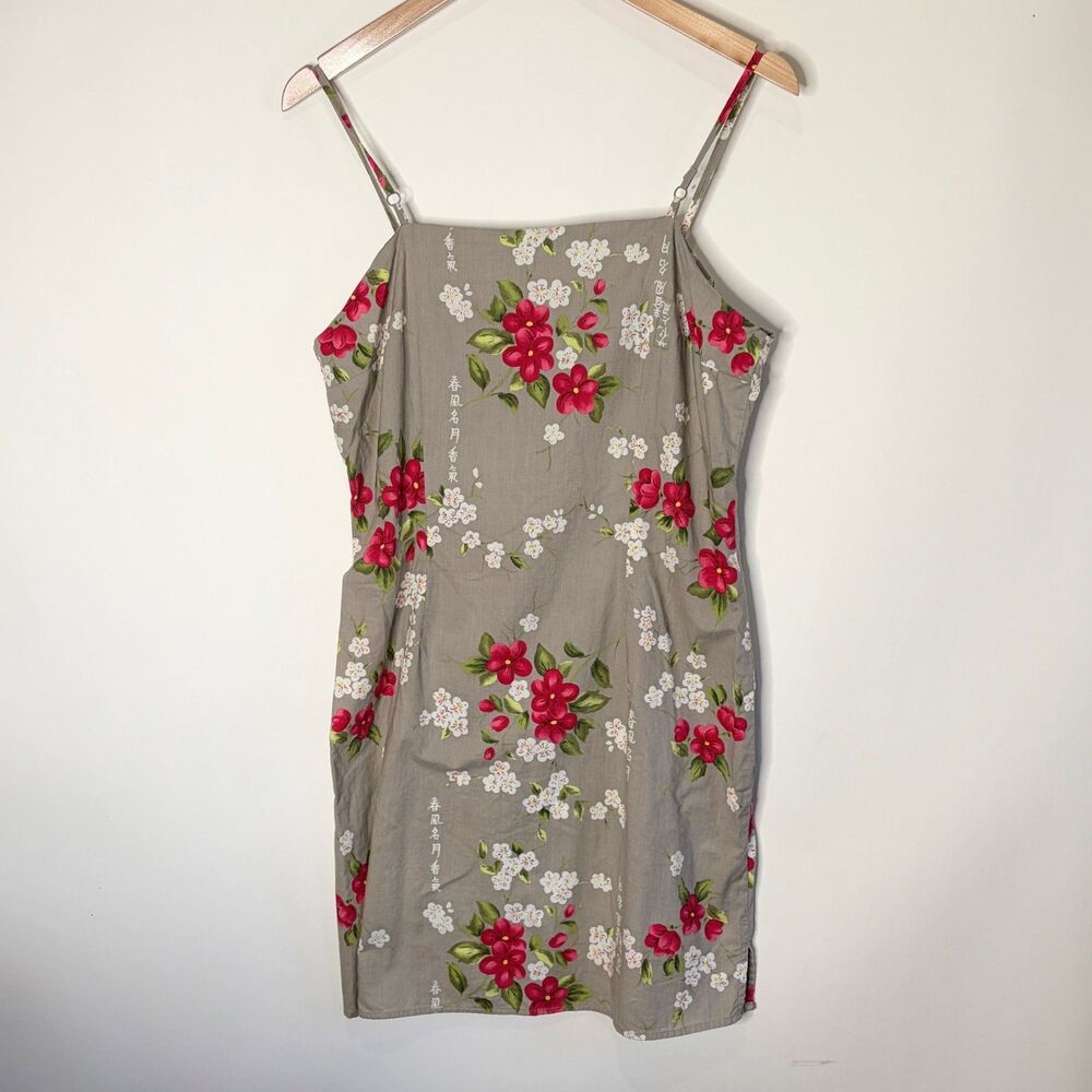 Vintage Y2K Slip Dress Floral Mini Cotton Tan Red Asian Writing Juniors Women XL